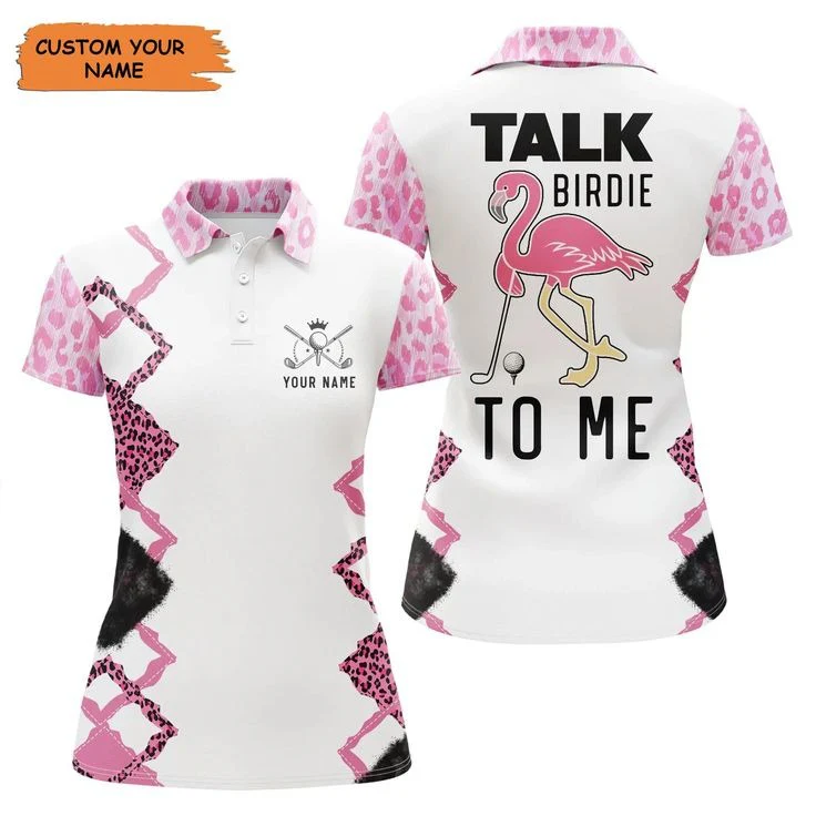 Customized Name Golf Women Polo Shirts, Pink White Leopard Personalized Talk Birdie To Me Pink Flamingo - Perfect Gift For Golfers, Golf Lovers - Image 2