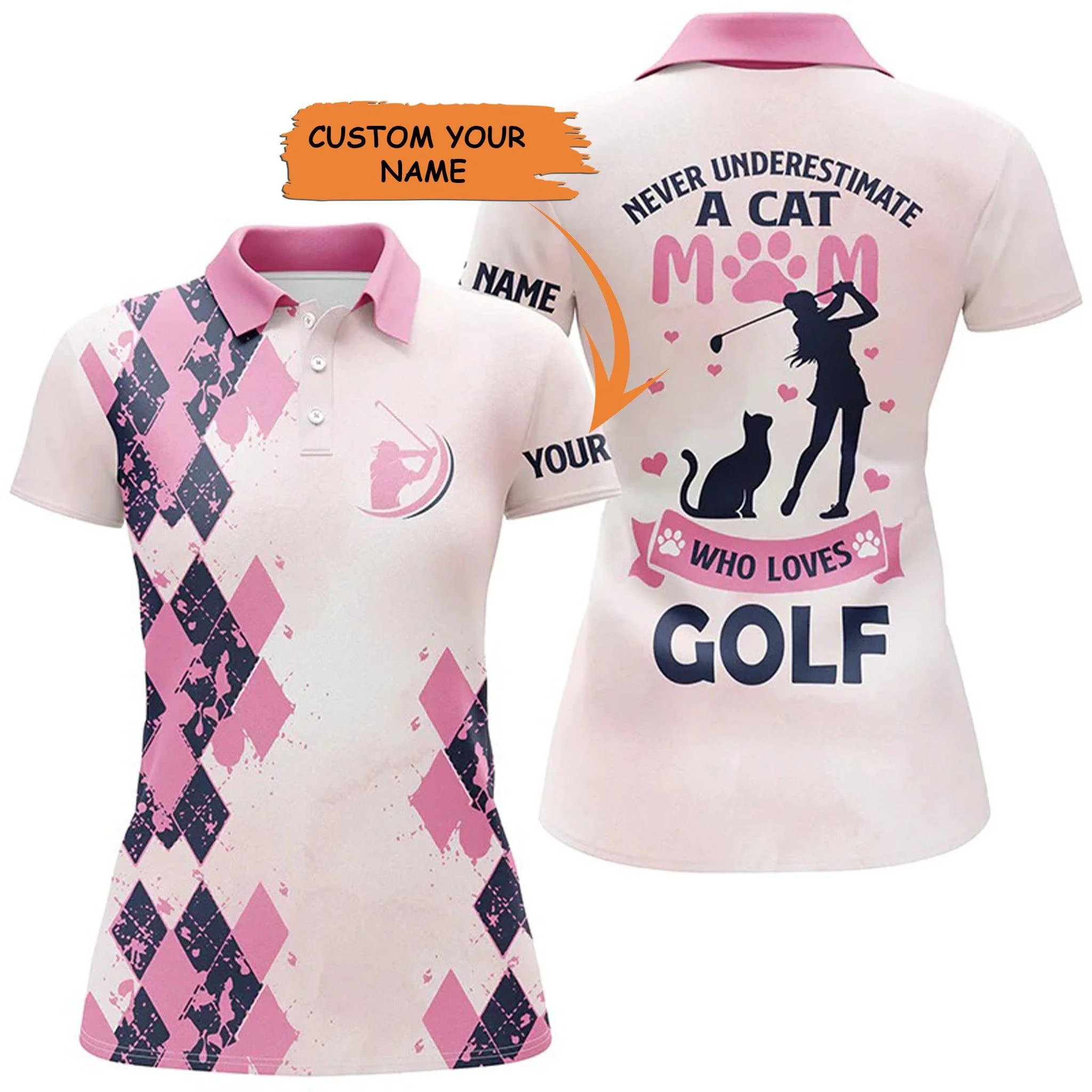 Customized Name Golf Women Polo Shirts, Pink Women Polo Shirts Personalized A Cat Mom Who Loves Golf - Perfect Gift For Ladies, Golfers, Golf Lovers