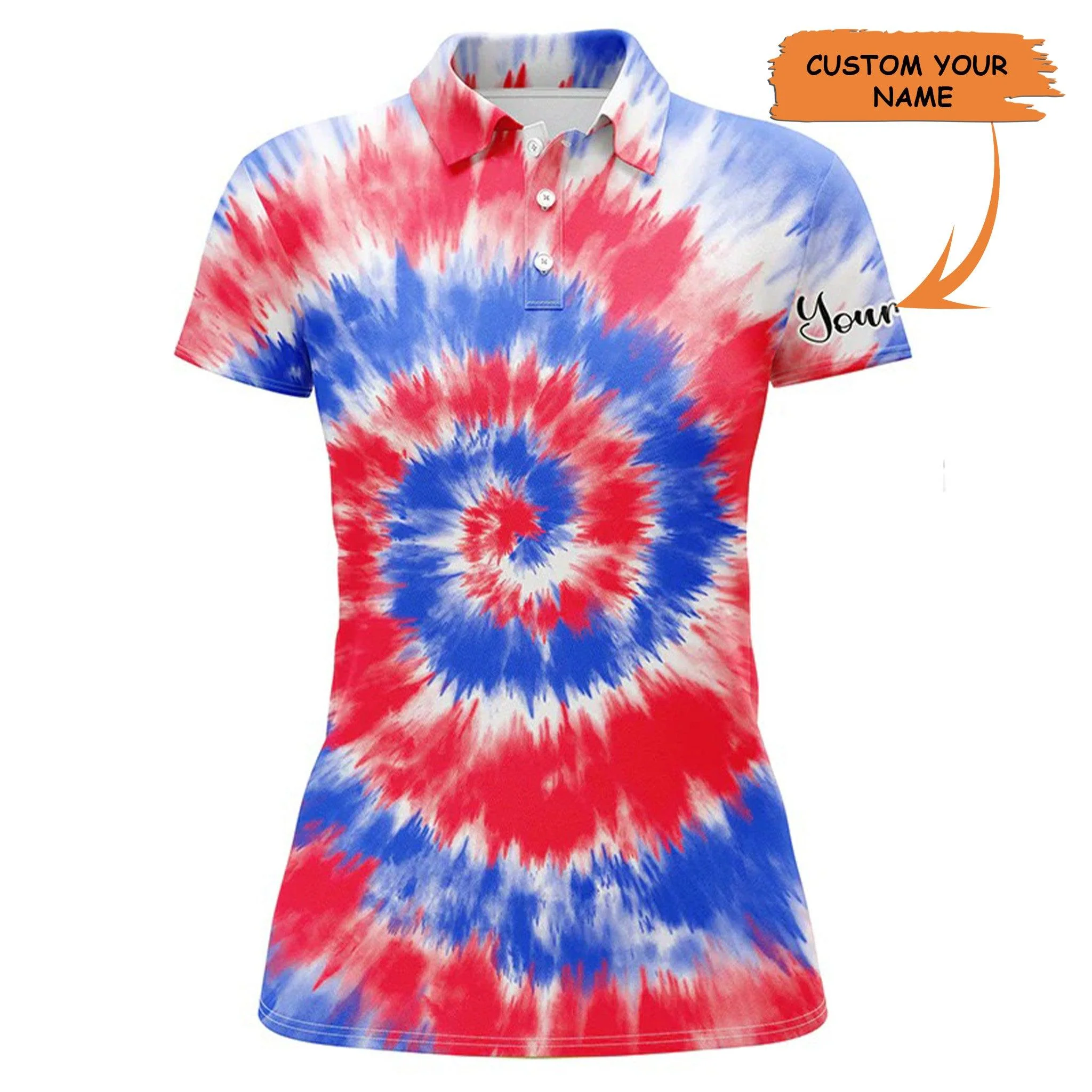 Customized Name Golf Women Polo Shirts, Red And Blue Tie Dye Background Personalized Golf Polo Shirts - Perfect Gift For Ladies, Golf Lovers, Golfers