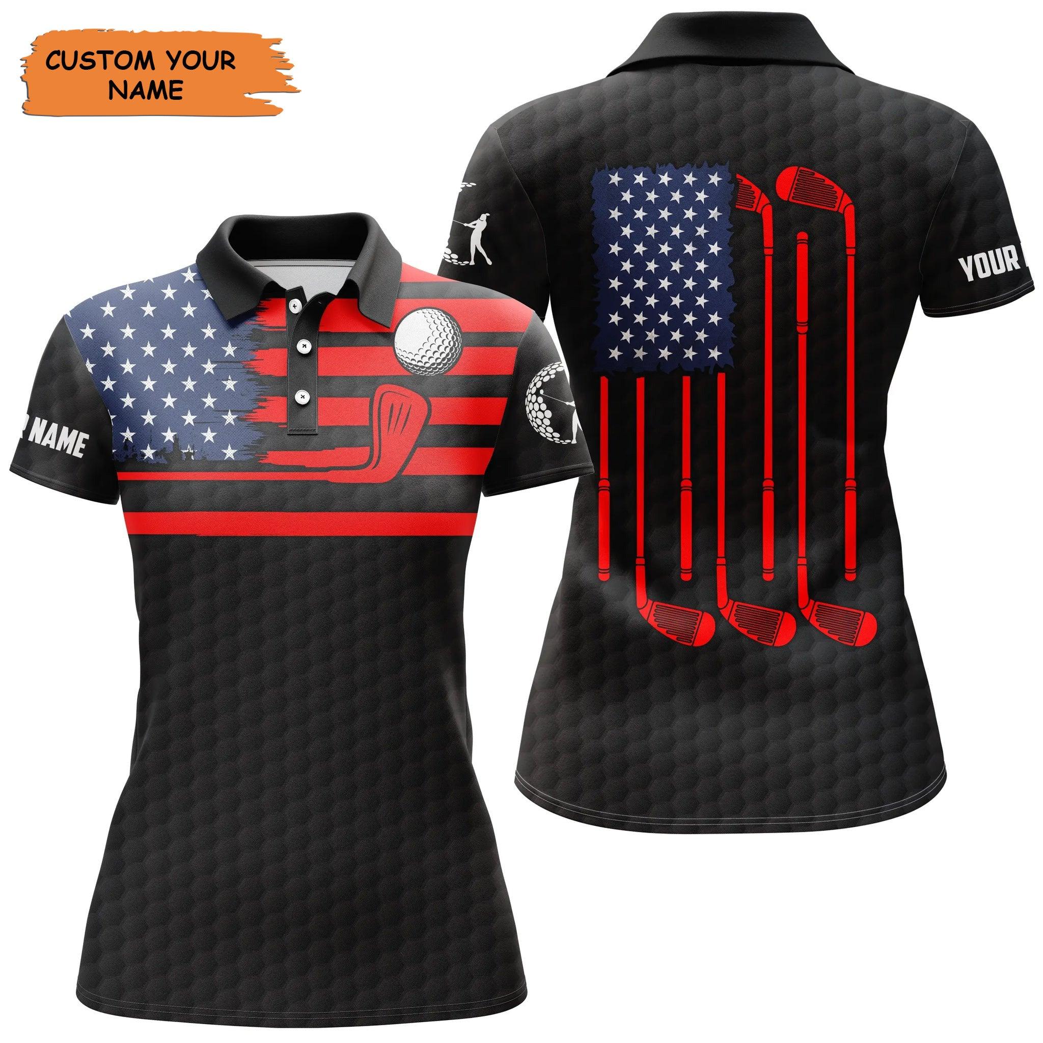 Customized Name Golf Women Polo Shirts, Skull, American Flag Patriotic, Personalized Ladies Black Golf Clubs - Perfect Gift For Golfers, Golf Lovers