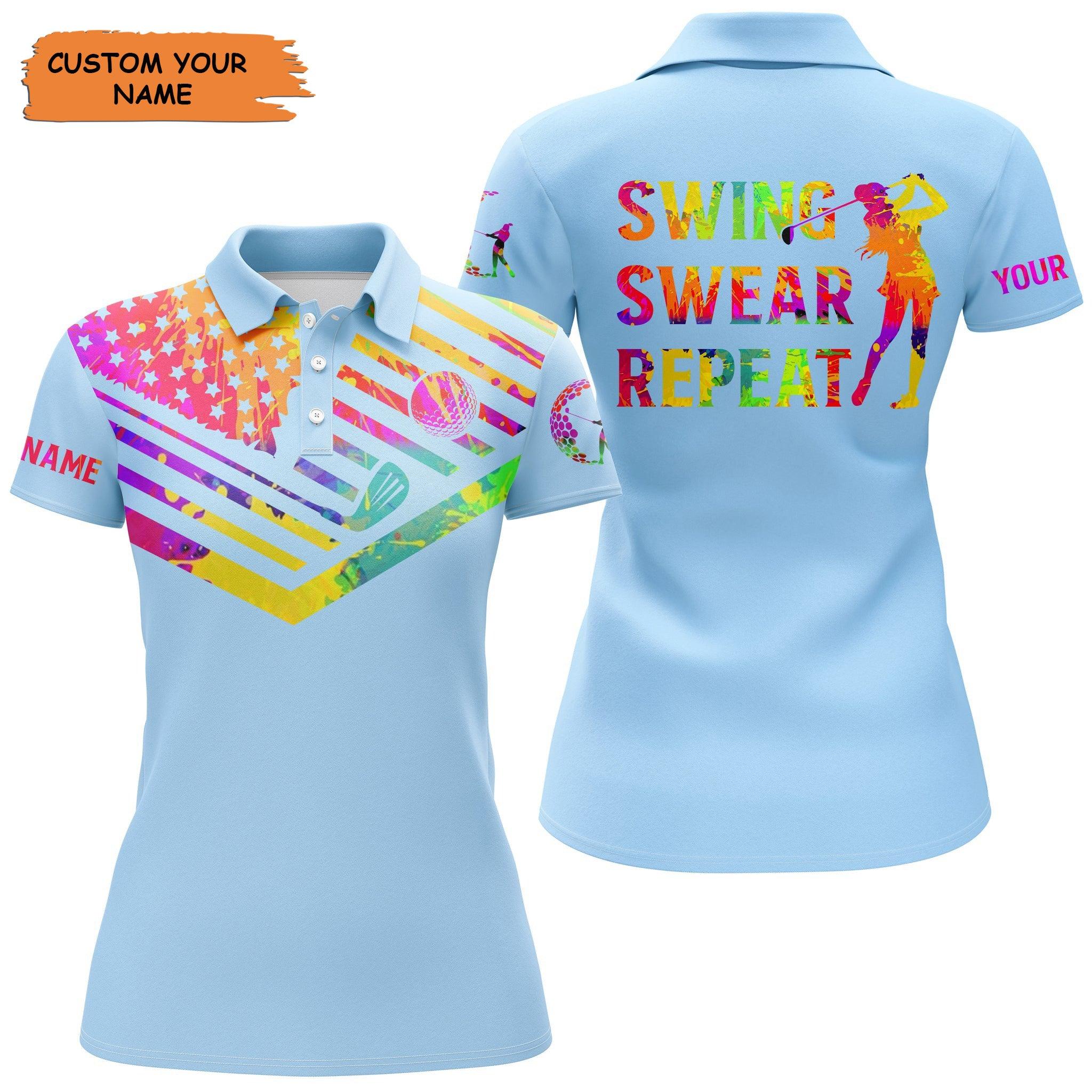 Customized Name Golf Women Polo Shirts, Watercolor American Flag Personalized Swing Swear Repeat Light Blue - Perfect Gift For Golfers, Golf Lovers