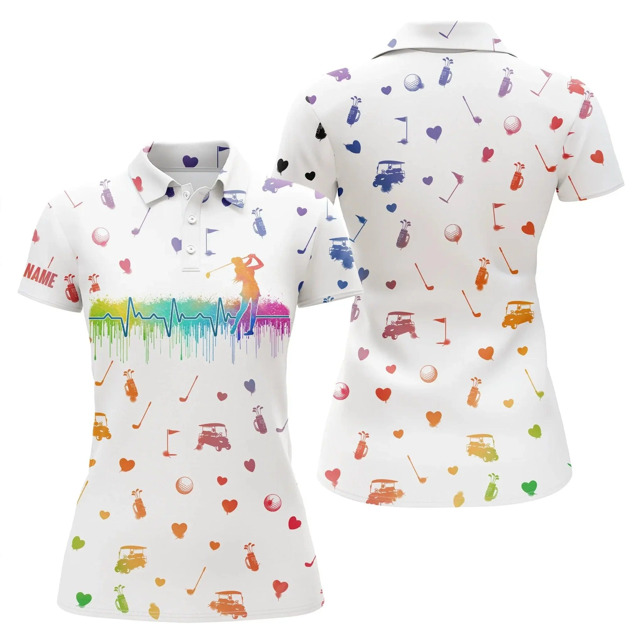 Customized Name Golf Women Polo Shirts, Watercolor Golf Heartbeat Icons Personalized White Golf Shirts - Perfect Gift For Ladies, Golfers, Golf Lovers - Image 2