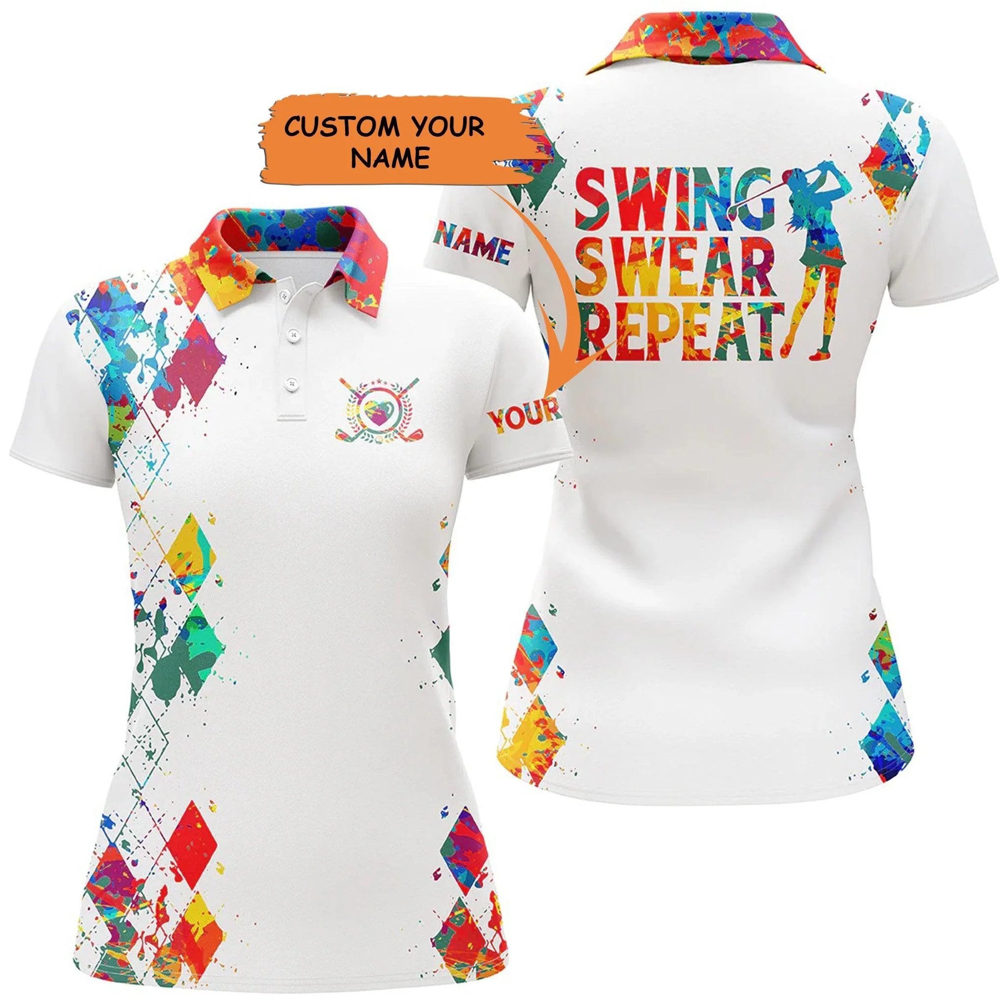 Customized Name Golf Women Polo Shirts, Watercolor Personalized Swing Swear Repeat White Golf Shirts - Perfect Gift For Ladies, Golfers, Golf Lovers