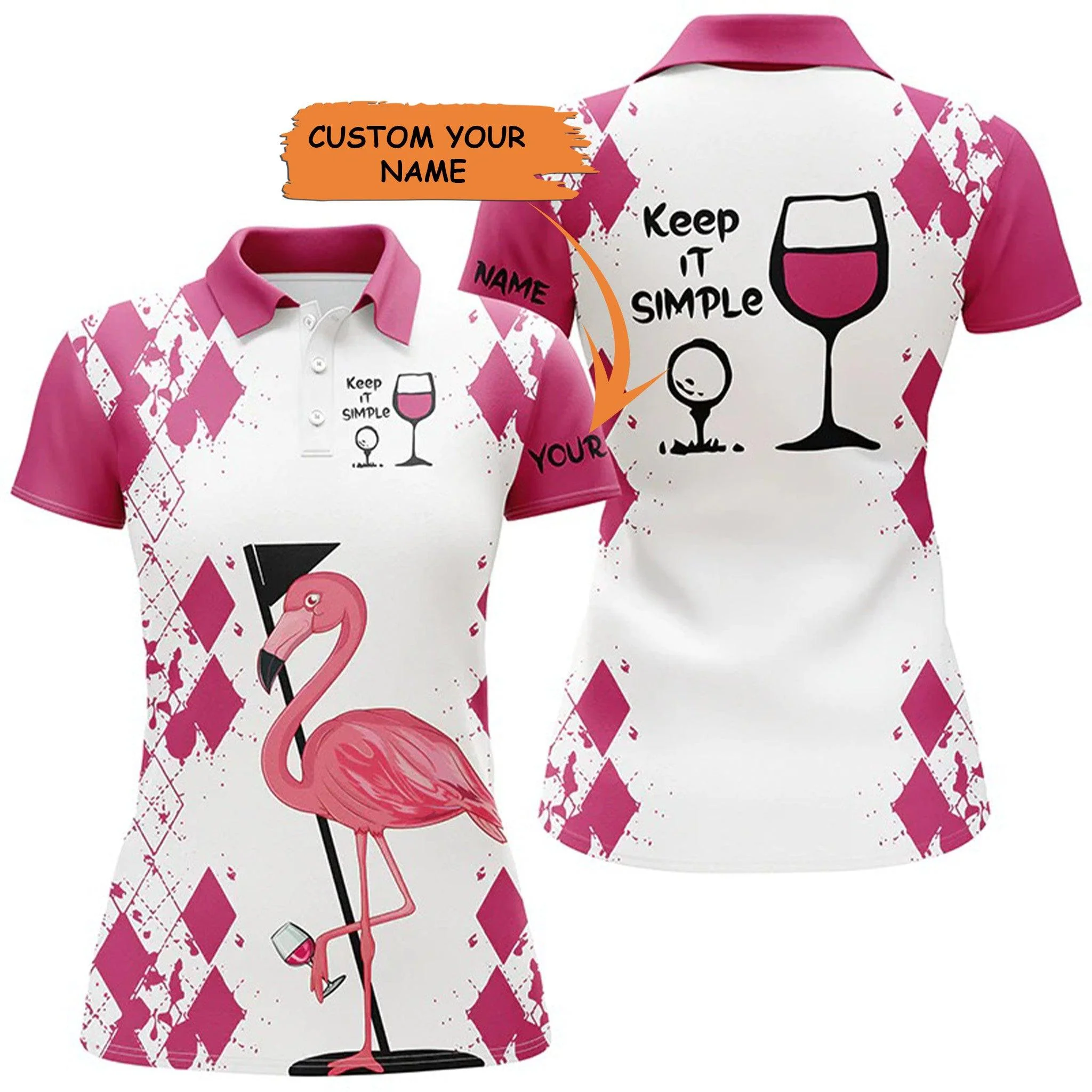 Customized Name Golf Women Polo Shirts, White Pink Personalized Flamingo Keep It Simple Golf & Wine - Perfect Gift For Ladies, Golfers, Golf Lovers