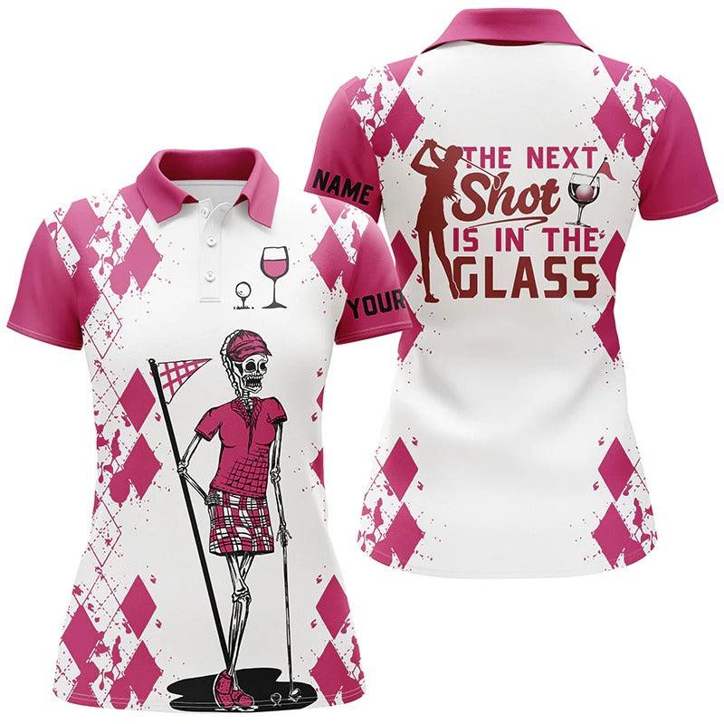 Customized Name Golf Women Polo Shirts, White Pink Personalized Golf & Wine Skeleton Playing Golf - Perfect Gift For Ladies, Golfers, Golf Lovers - Image 2
