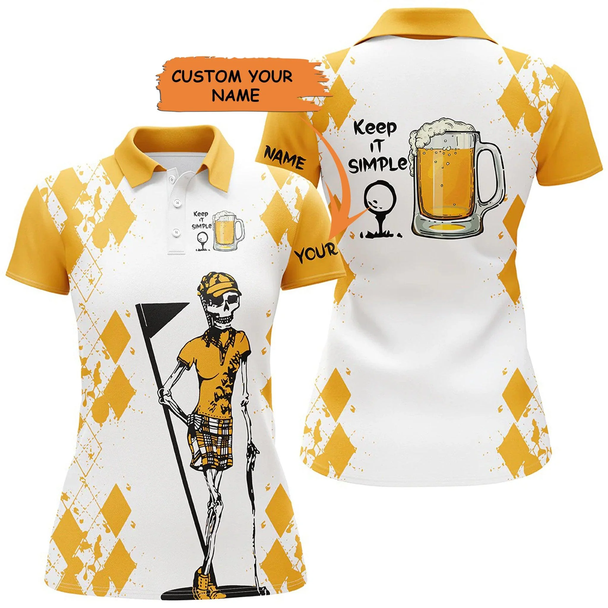 Customized Name Golf Women Polo Shirts, White Yellow Shirts Personalized Skeleton Keep It Simple Golf & Beer - Perfect Gift For Golfers, Golf Lovers