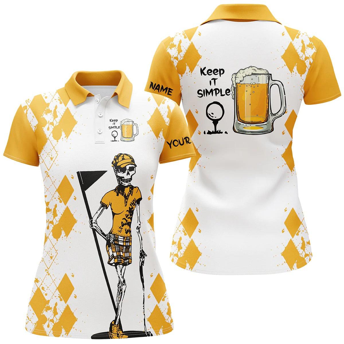 Customized Name Golf Women Polo Shirts, White Yellow Shirts Personalized Skeleton Keep It Simple Golf & Beer - Perfect Gift For Golfers, Golf Lovers - Image 2