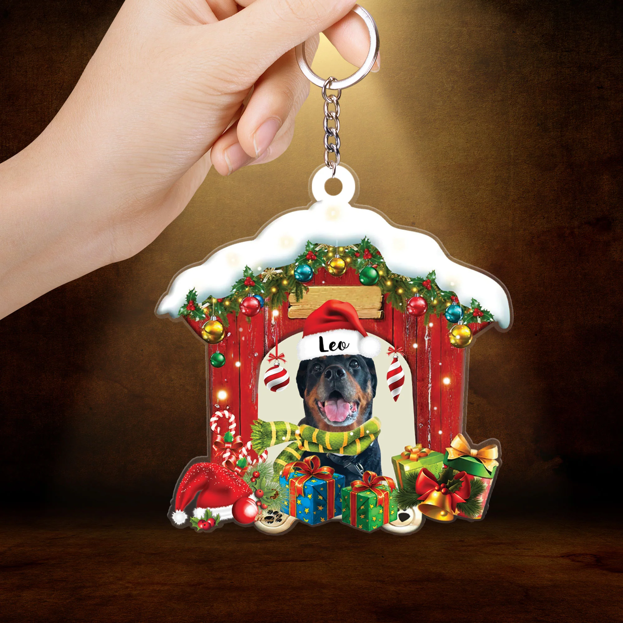 Customized Name Rottweiler In Red Wood House Christmas Acrylic Keychain Gift For Dog Lovers, Dog Mom - Image 2