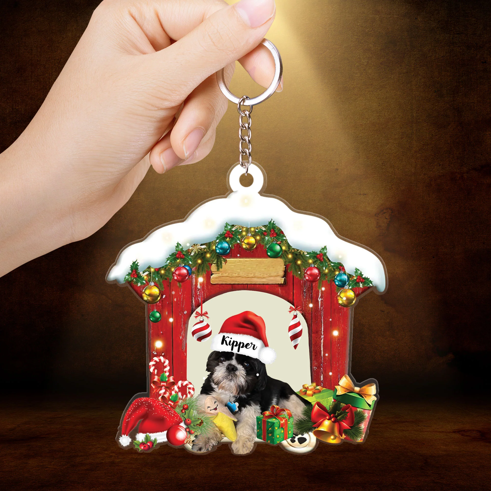 Customized Name Shih Tzu In Red Wood House Christmas Acrylic Keychain Gift For Dog Lovers, Dog Mom - Image 2