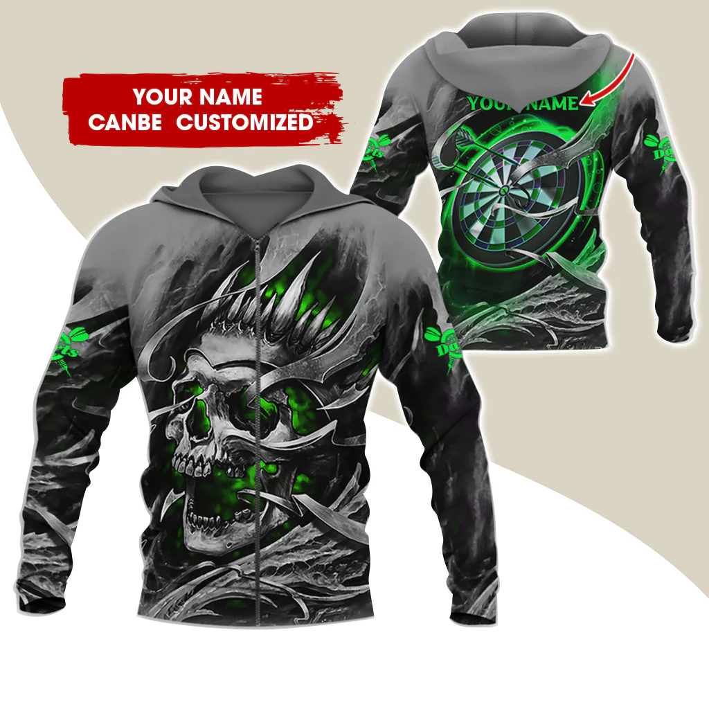 Customized Name Skull Darts Premium Zip Hoodie, Personalized Name Dartboard Zip Hoodie For Men & Women - Gift For Darts Lovers, Darts Players - Image 9