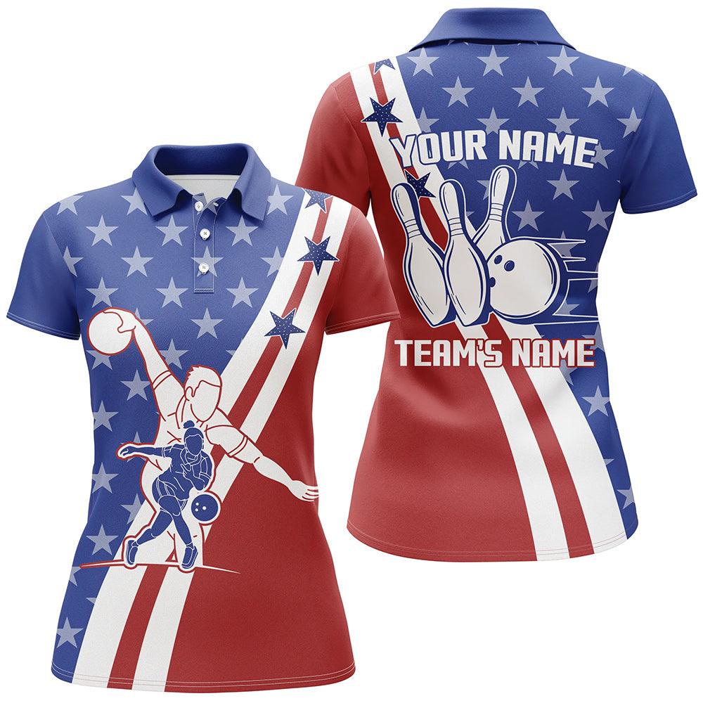 Customized Name & Team Bowling Women Polo Shirt - Blue Red Pattern Personalized American Flag Polo Shirt - Gift For Lady, Family, Bowling Lovers - Image 2
