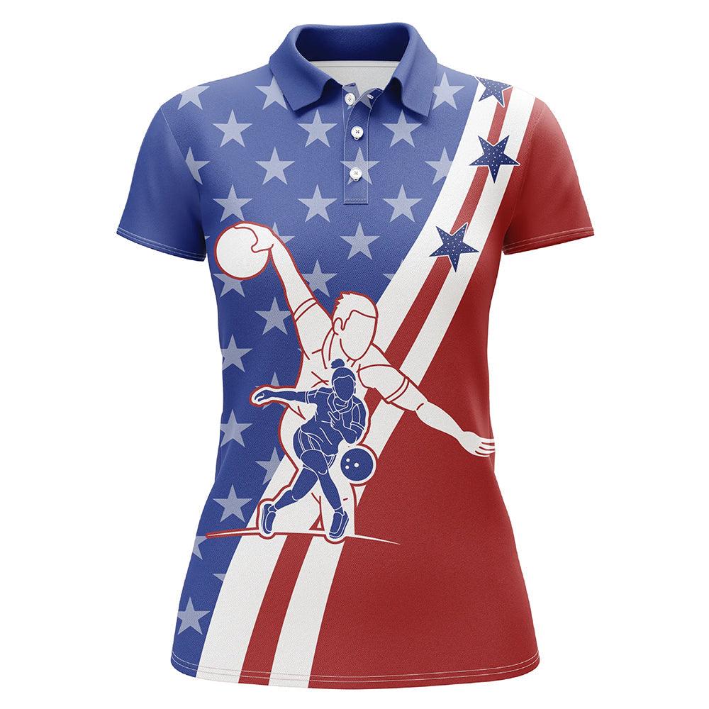 Customized Name & Team Bowling Women Polo Shirt - Blue Red Pattern Personalized American Flag Polo Shirt - Gift For Lady, Family, Bowling Lovers - Image 3