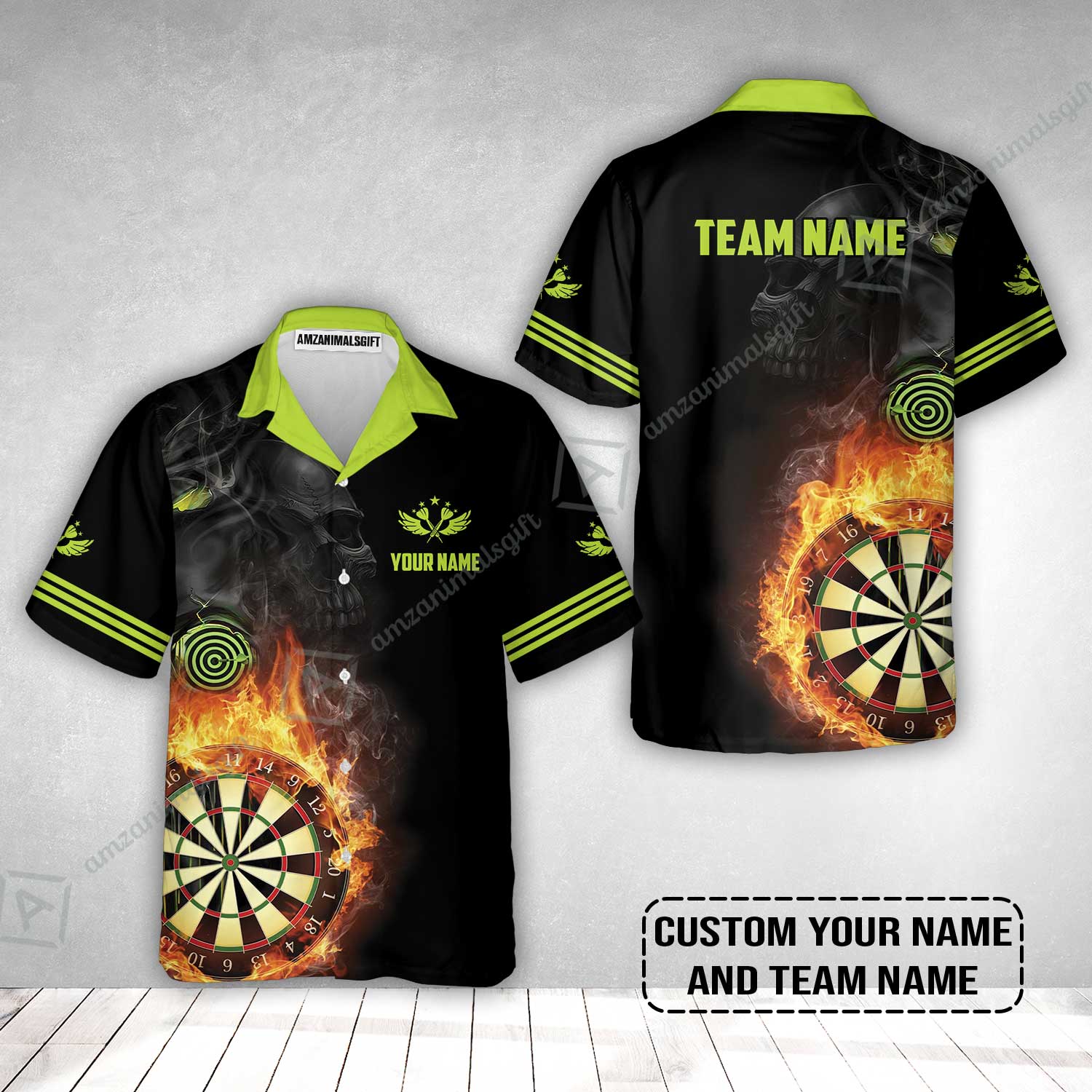 Customized Name & Team Darts Hawaiian Shirt, Skull Darts Flame Personalized Darts Hawaiian Shirt - Image 2