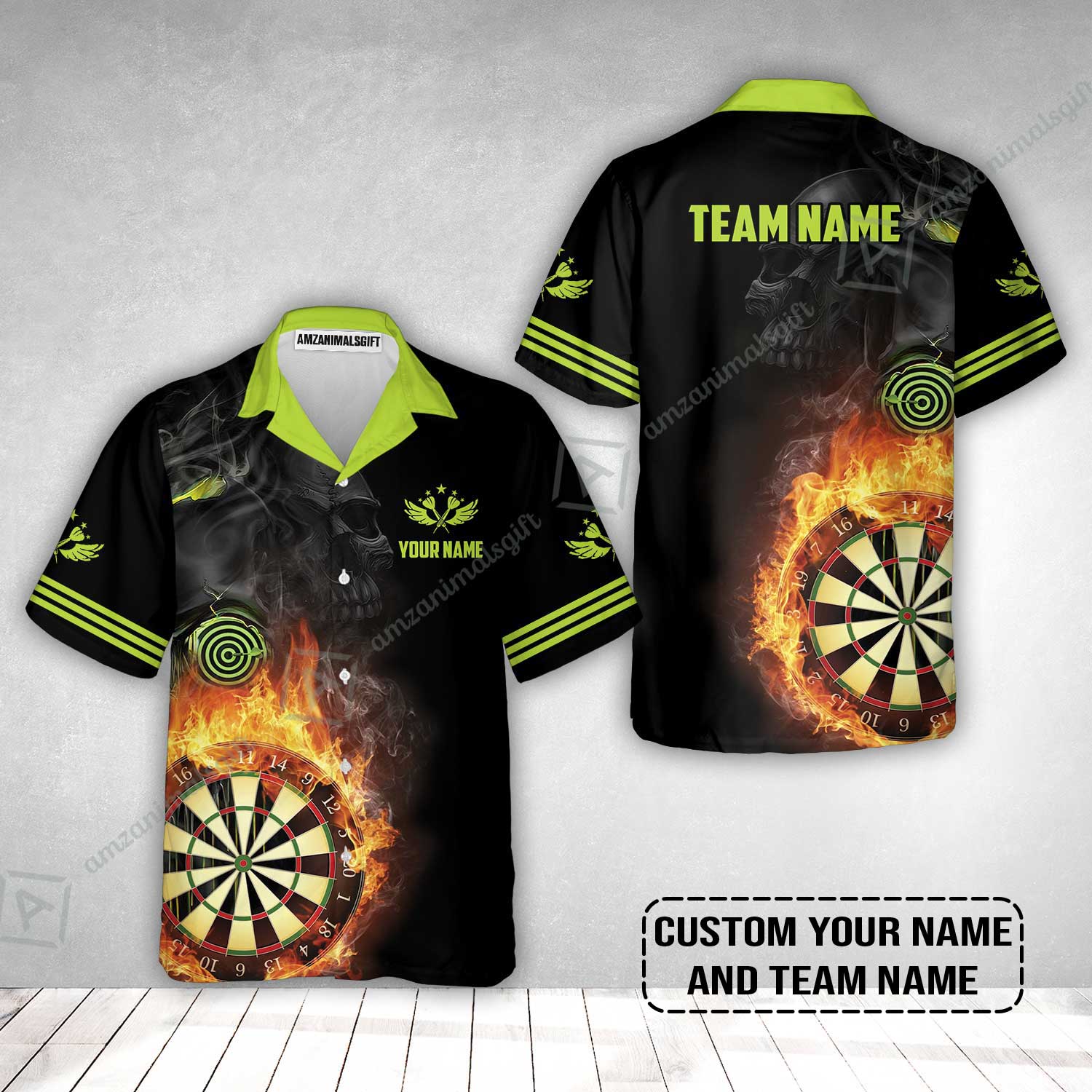 Customized Name & Team Darts Hawaiian Shirt, Skull Darts Flame Personalized Darts Hawaiian Shirt - Image 2