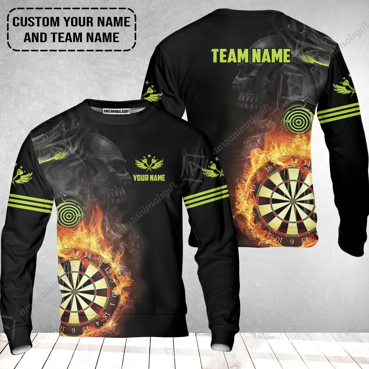 Customized Name & Team Darts Sweatshirt, Skull Darts Flame Personalized Darts Sweatshirt - Image 2