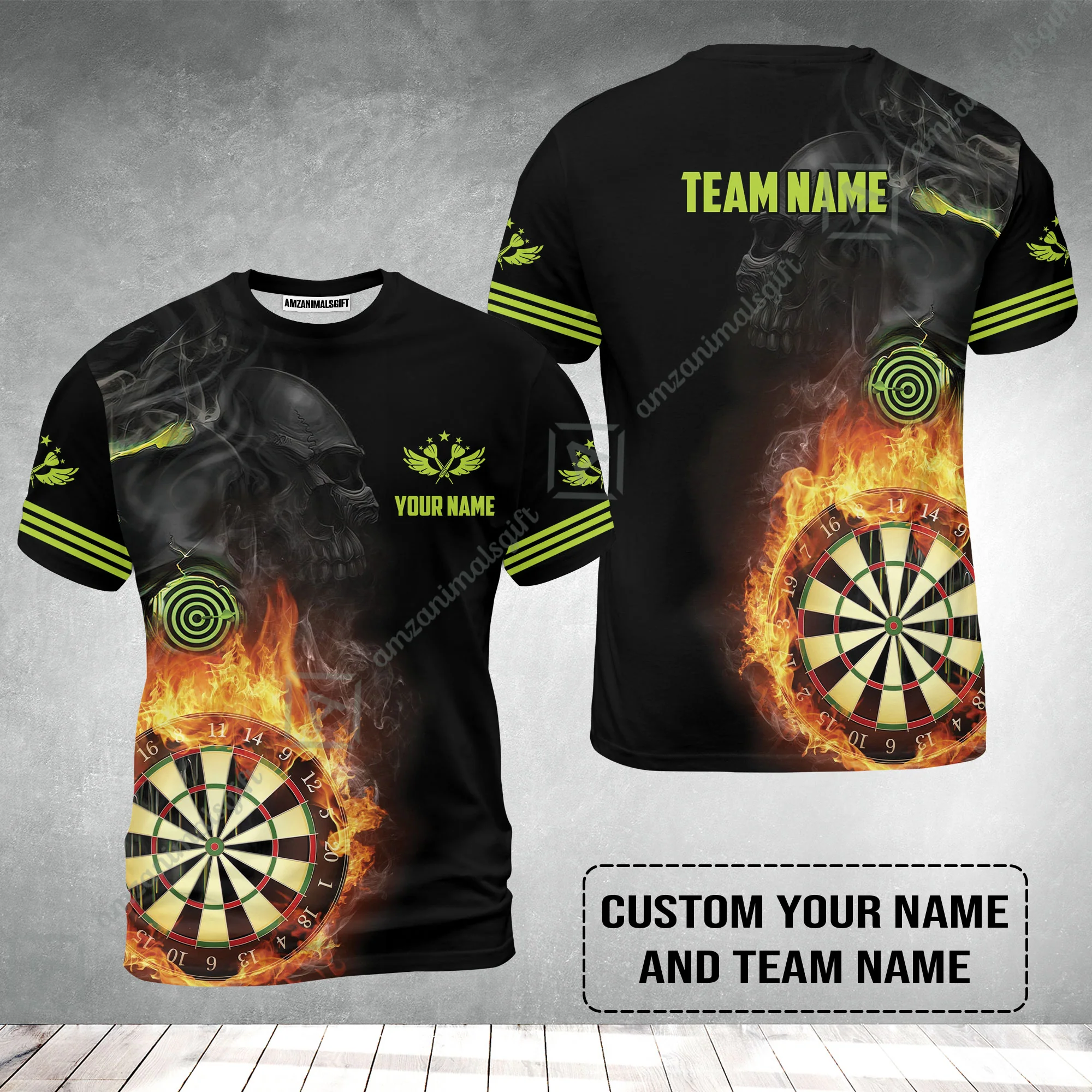 Customized Name & Team Darts T-Shirt, Skull Darts Flame Personalized Darts T-Shirt - Image 2