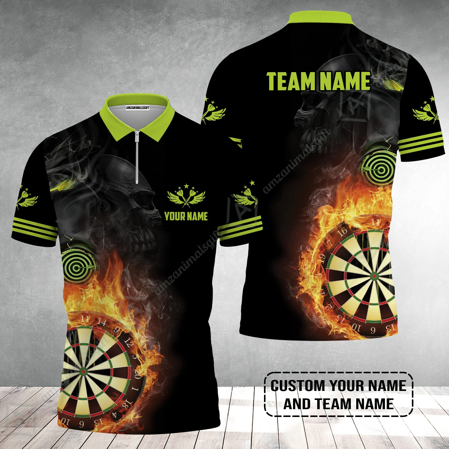 Customized Name & Team Darts Zip Polo Shirt, Skull Darts Flame Personalized Darts Zip Polo Shirt - Image 2