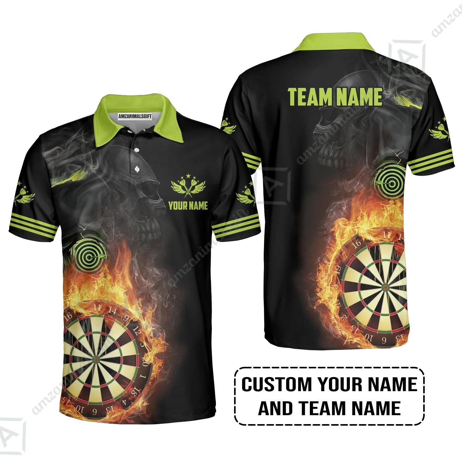 Customized Name & Team Darts Zip Polo Shirt, Skull Darts Flame Personalized Darts Zip Polo Shirt - Image 4