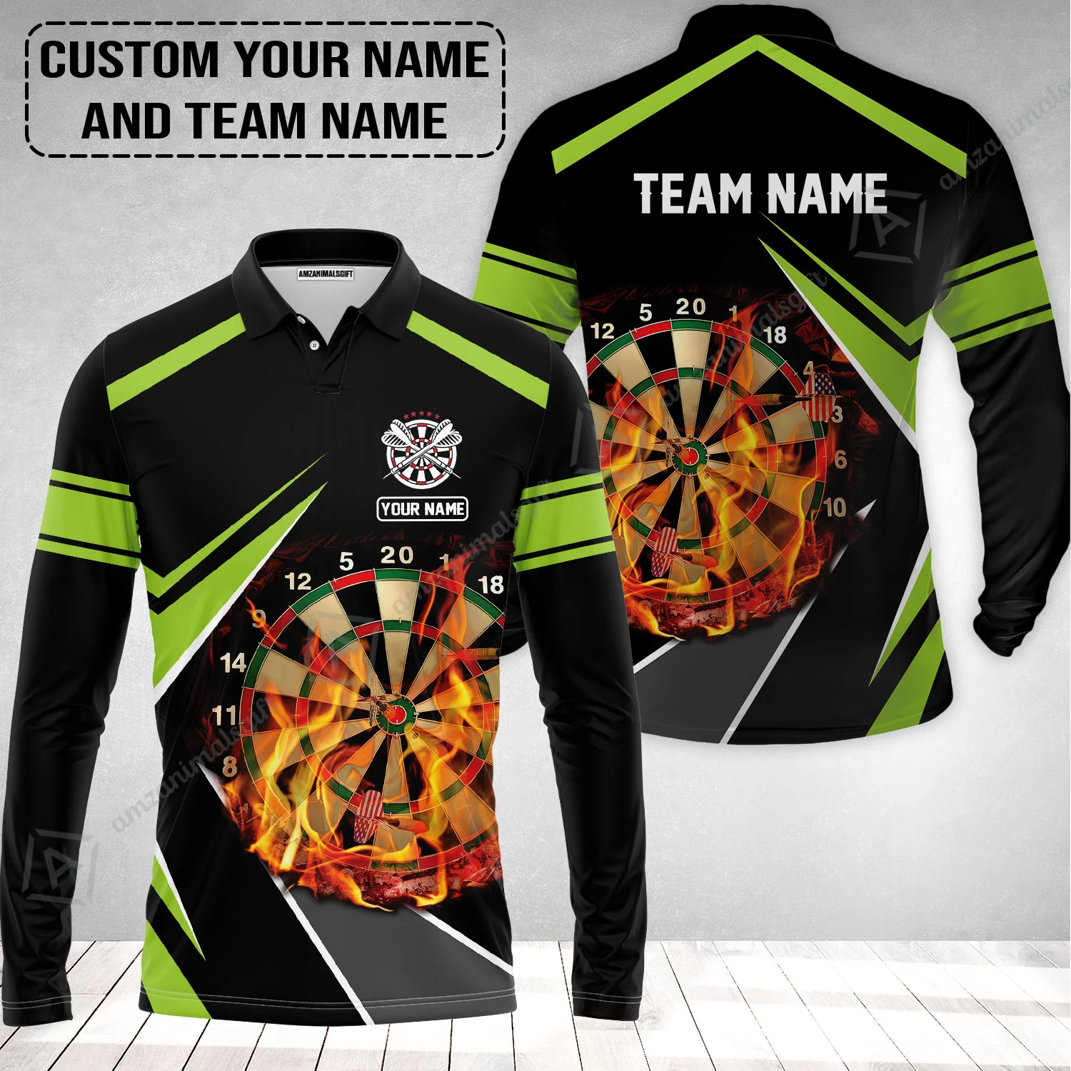 Customized Name & Team Name Darts Long Polo Shirt, Dartboard Flame Personalized Darts Long Polo Shirt - Image 2