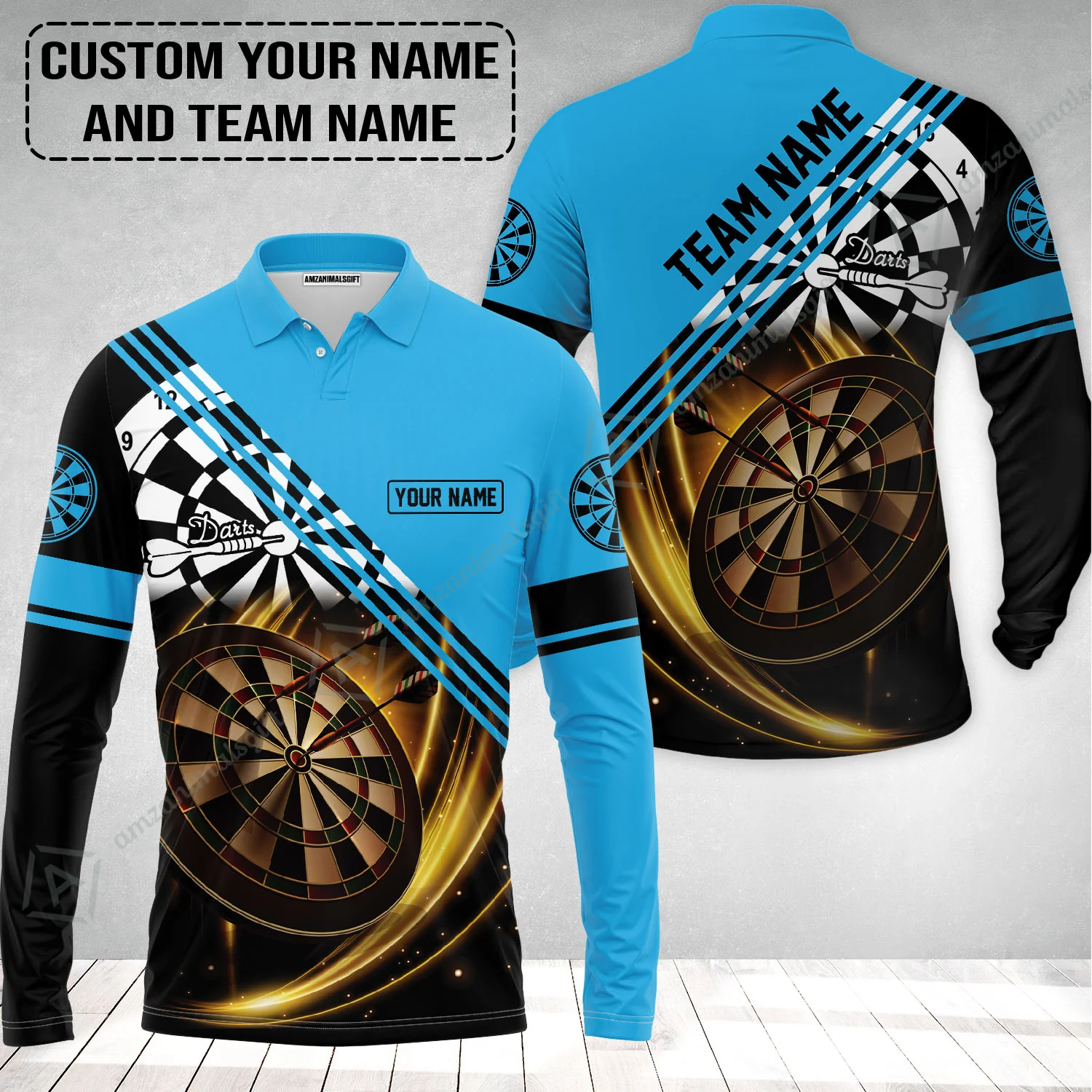 Customized Name & Team Name Darts Long Polo Shirt, I Love Darts Personalized Blue Darts Long Polo Shirt - Image 2