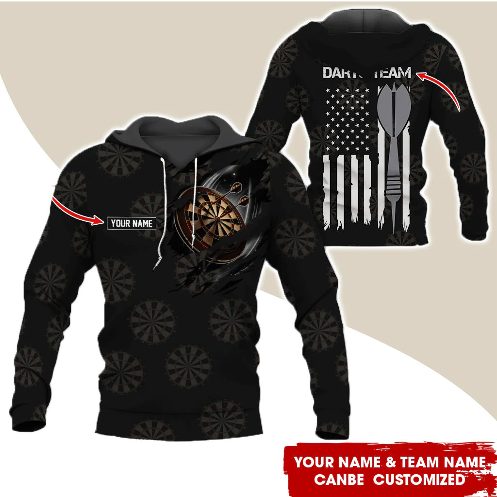 Customized Name & Team Name Darts Premium Hoodie, American Flag & Darts Pattern Black Hoodie, Perfect Gift For Darts Lovers, Friend, Family - Image 2