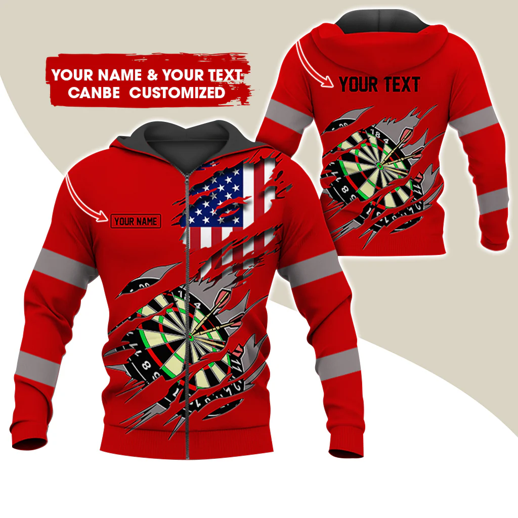 Customized Name & Text American Flag Darts Premium Zip Hoodie, Personalized Dartboard Zip Hoodie For Men & Women - Gift For Darts Lovers, Darts Players - Image 2
