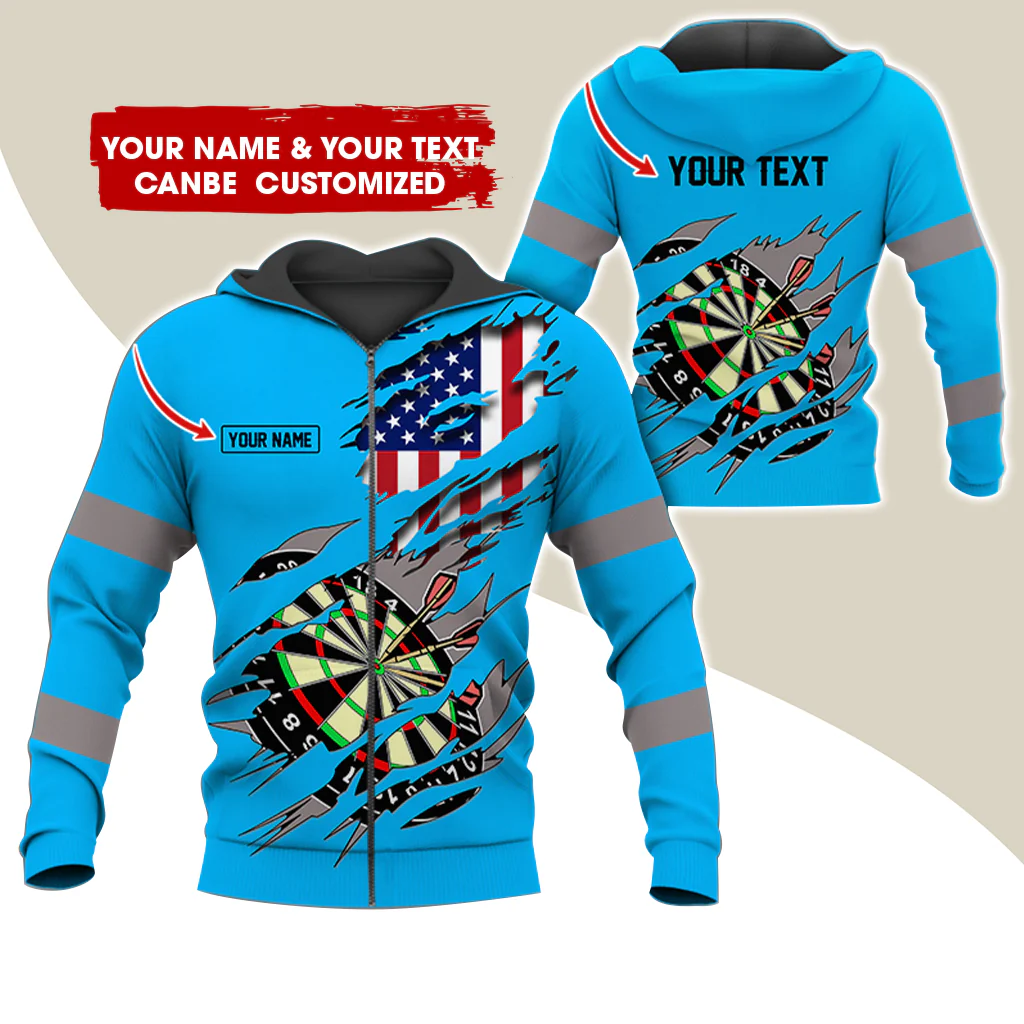 Customized Name & Text American Flag Darts Premium Zip Hoodie, Personalized Dartboard Zip Hoodie For Men & Women - Gift For Darts Lovers, Darts Players - Image 4