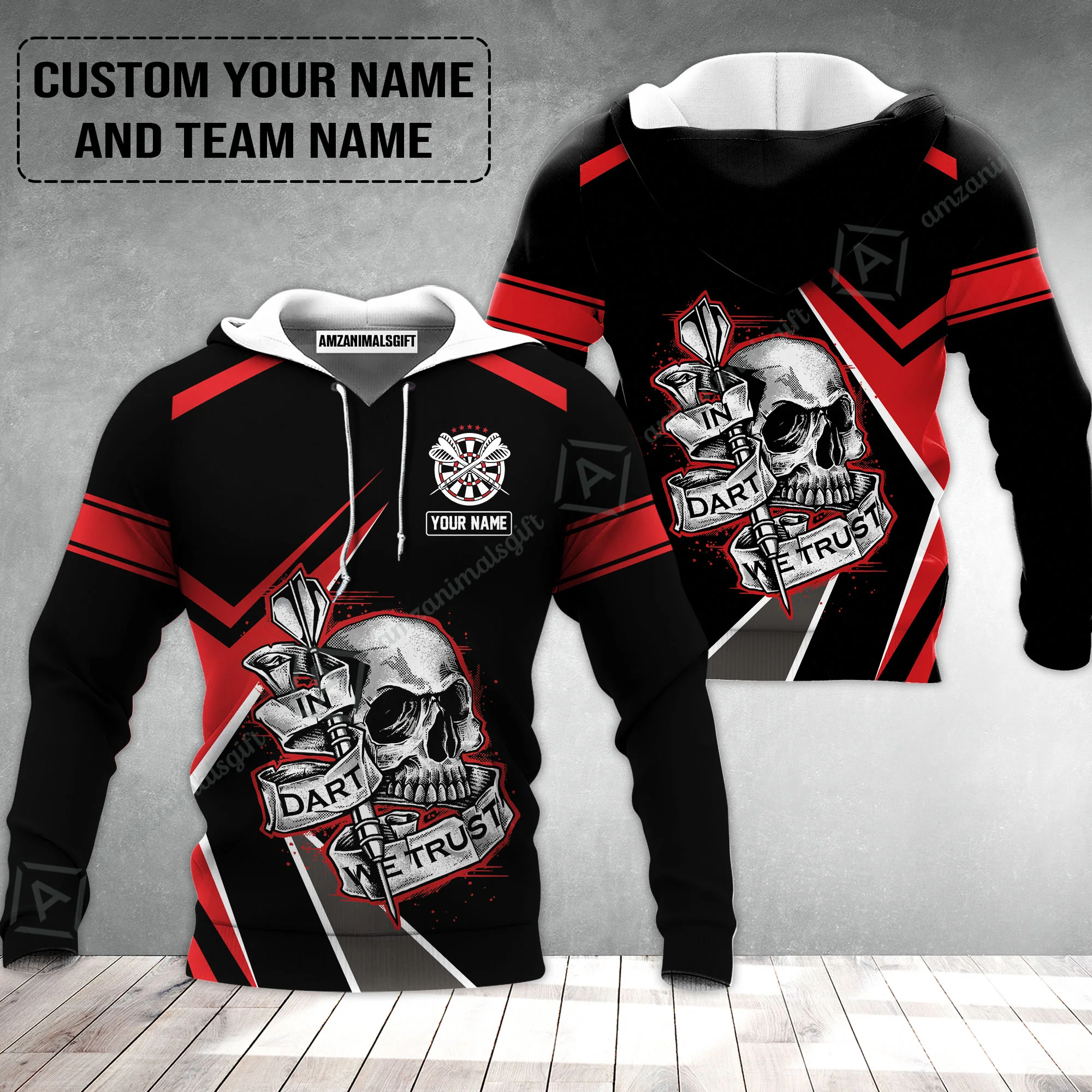 Customized Name & Text Darts Hoodie, Skull In Darts We Trust Personalized Darts Hoodie - Image 2