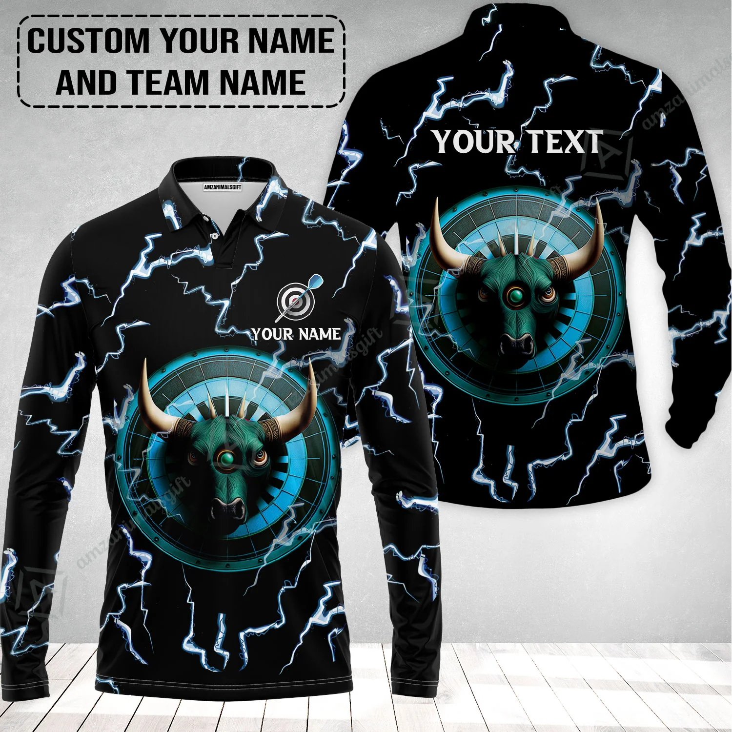 Customized Name & Text Darts Long Polo Shirt, Personalized Name Bullseye Dartboard Long Polo Shirt - Image 2