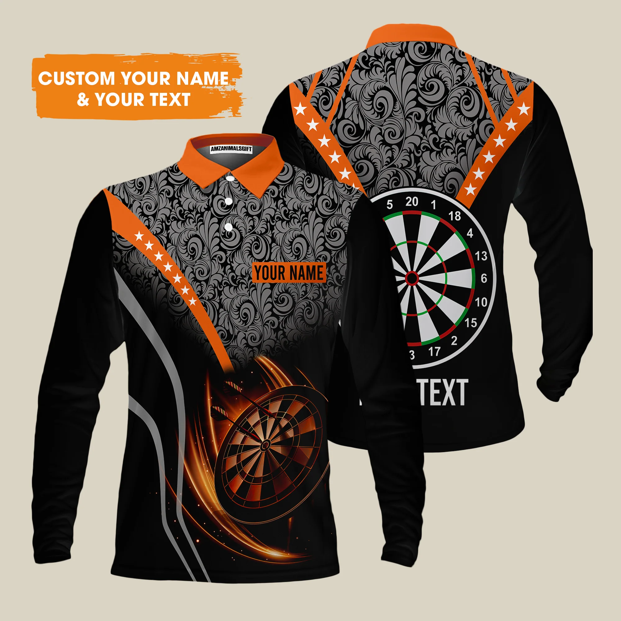 Customized Name & Text Darts Men's Long Sleeve Polo Shirt, Personalized Name Dartboard Orange Men's Long Sleeve Polo Shirt - Gift For Darts Players - Image 2