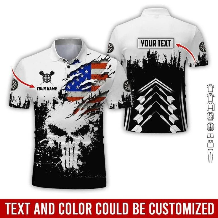 Customized Name & Text Darts Polo Shirt, American Flag Personalized Name Darts Team Polo Shirt For Men - Perfect Gift For Darts Lovers, Darts Players - Image 2