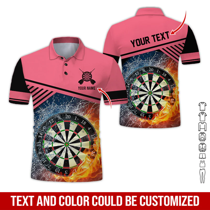 Customized Name & Text Darts Polo Shirt, Dartboard In Water And Fire Personalized Polo Shirt For Men - Perfect Gift For Darts Lovers, Darts Players - Image 2
