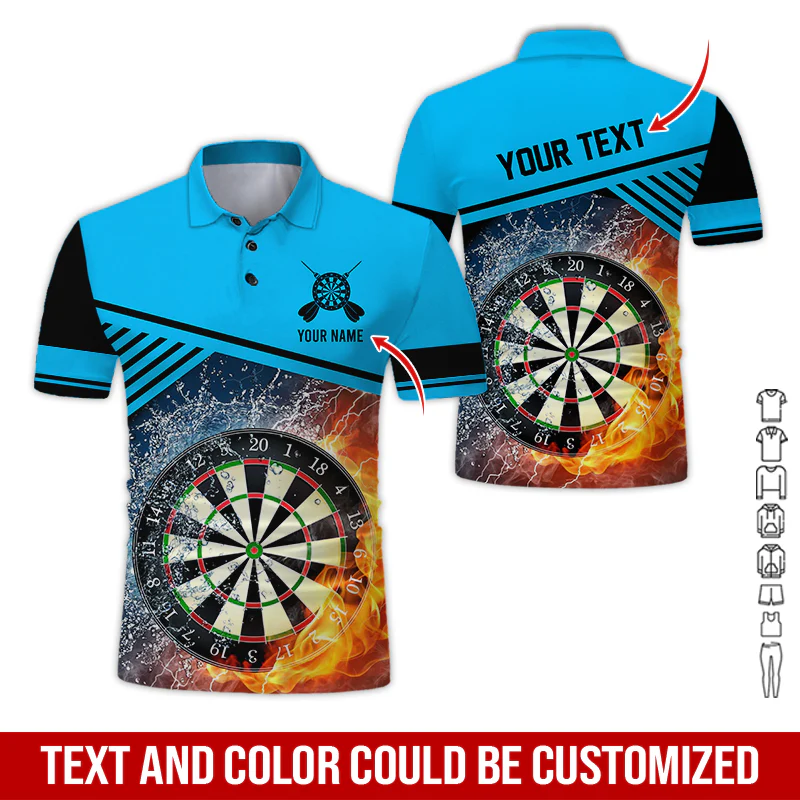 Customized Name & Text Darts Polo Shirt, Dartboard In Water And Fire Personalized Polo Shirt For Men - Perfect Gift For Darts Lovers, Darts Players - Image 3