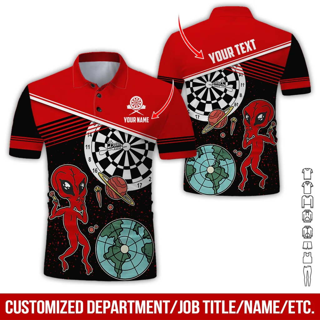 Customized Name & Text Darts Polo Shirt, Personalized Name Darts And Alien Polo Shirt For Men - Perfect Gift For Darts Lovers, Darts Players