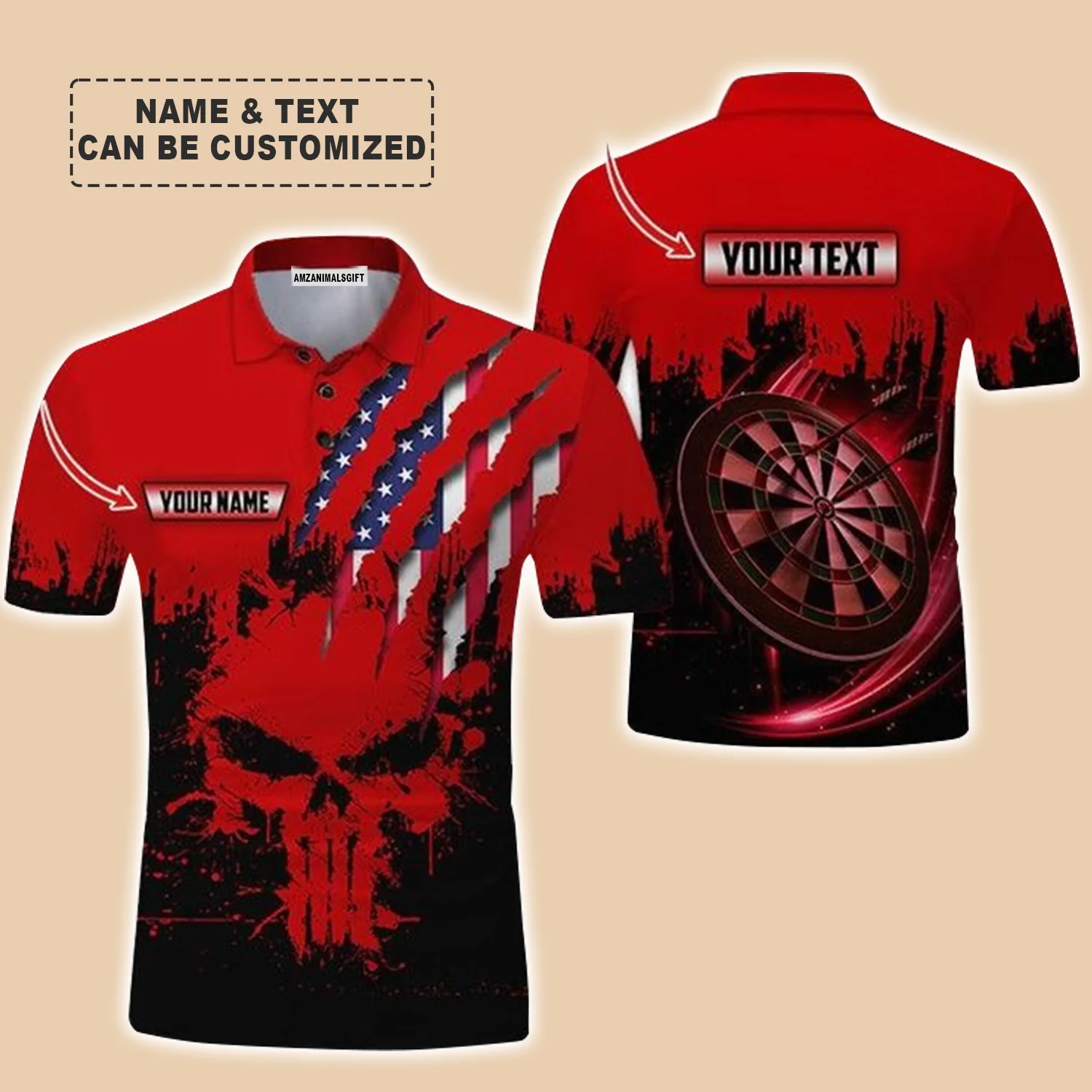 Customized Name & Text Darts Polo Shirt, Skull American Flag Personalized Name Darts Polo Shirt For Men - Perfect Gift For Darts Lovers, Darts Players - Image 2