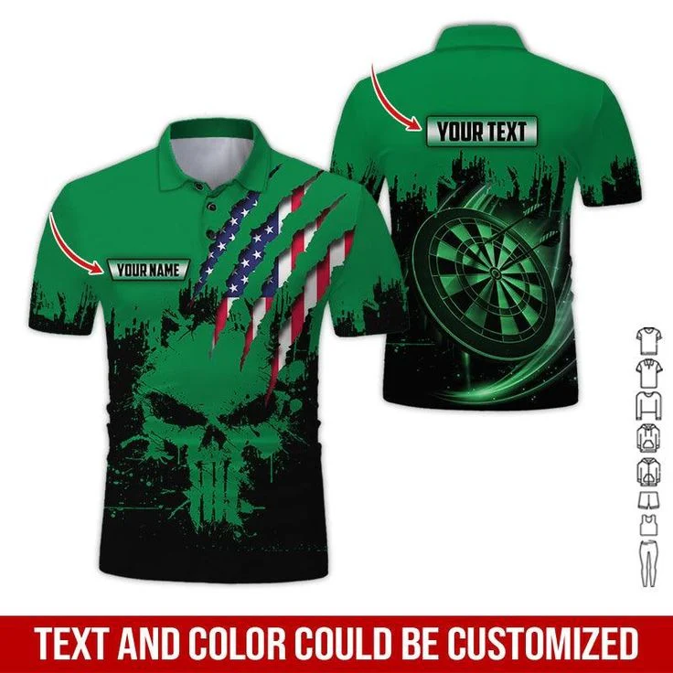 Customized Name & Text Darts Polo Shirt, Skull American Flag Personalized Name Darts Polo Shirt For Men - Perfect Gift For Darts Lovers, Darts Players - Image 4