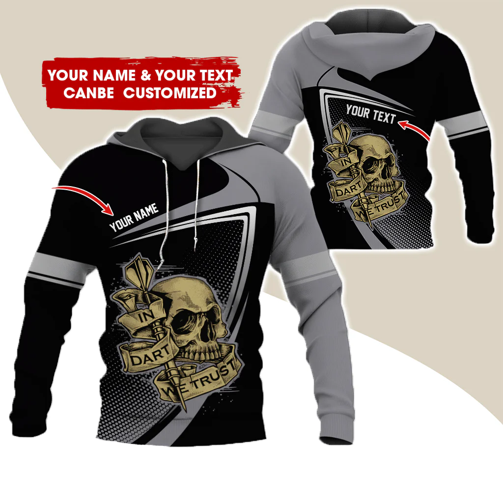 Customized Name & Text Darts Premium Skull  Hoodie, In Dart We Trust Hoodie For Men & Women - Gift For Darts Lovers, Friend, Family - Image 2