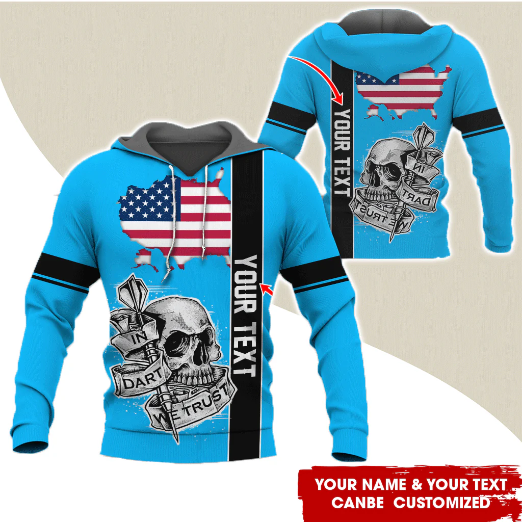 Customized Name & Text Darts Skull Premium Hoodie, In Darts We Trust Skull & American Map Pattern Hoodie, Perfect Gift For Darts Lovers, Friend, Family
