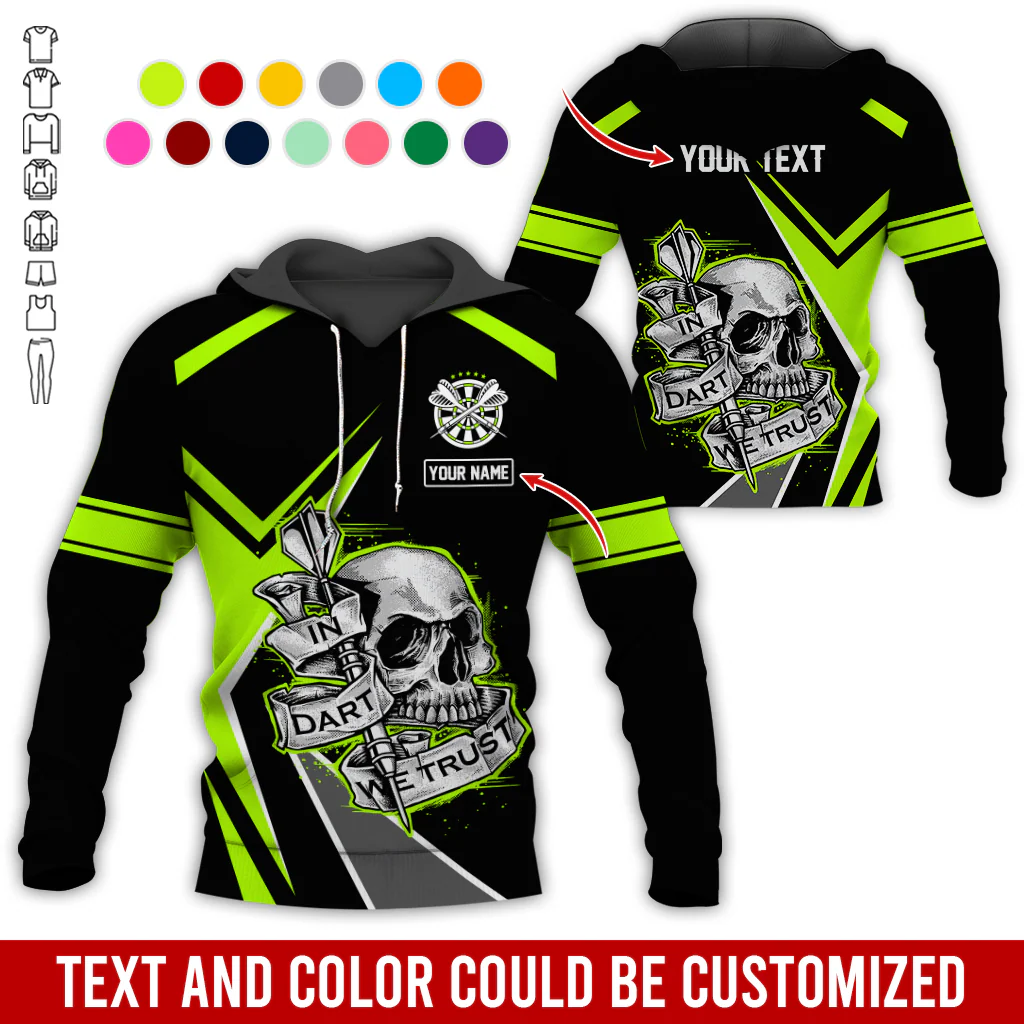 Customized Name & Text Darts Skull Premium Hoodie, In Darts We Trust Skull Pattern Colorful Hoodie, Perfect Gift For Darts Lovers, Friend, Family - Image 6