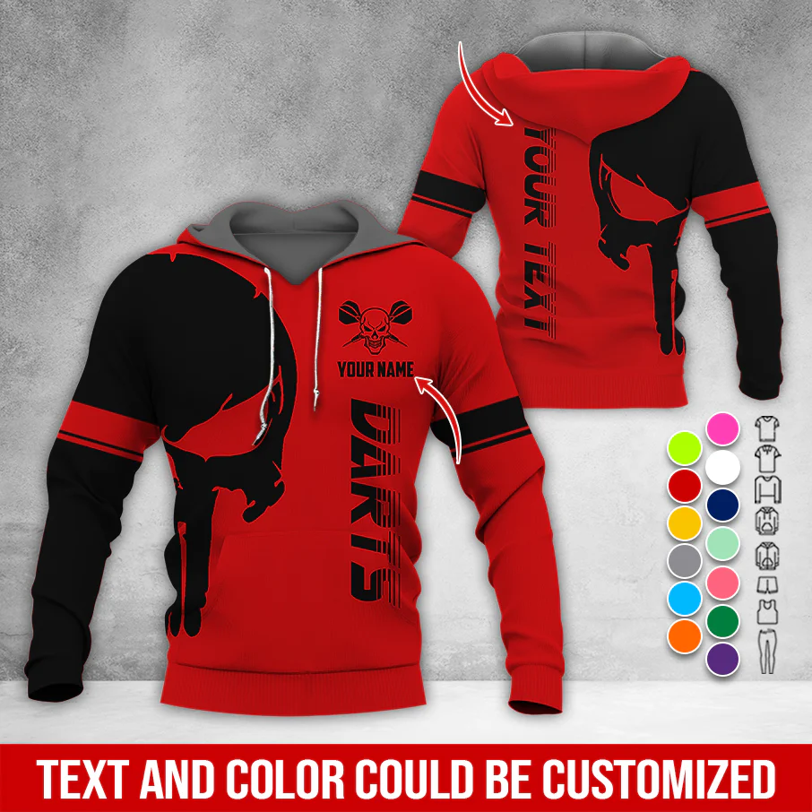 Customized Name & Text Darts Skull Premium Hoodie, Skull & Darts Pattern Hoodie, Perfect Gift For Darts Lovers, Friend, Family - Image 3