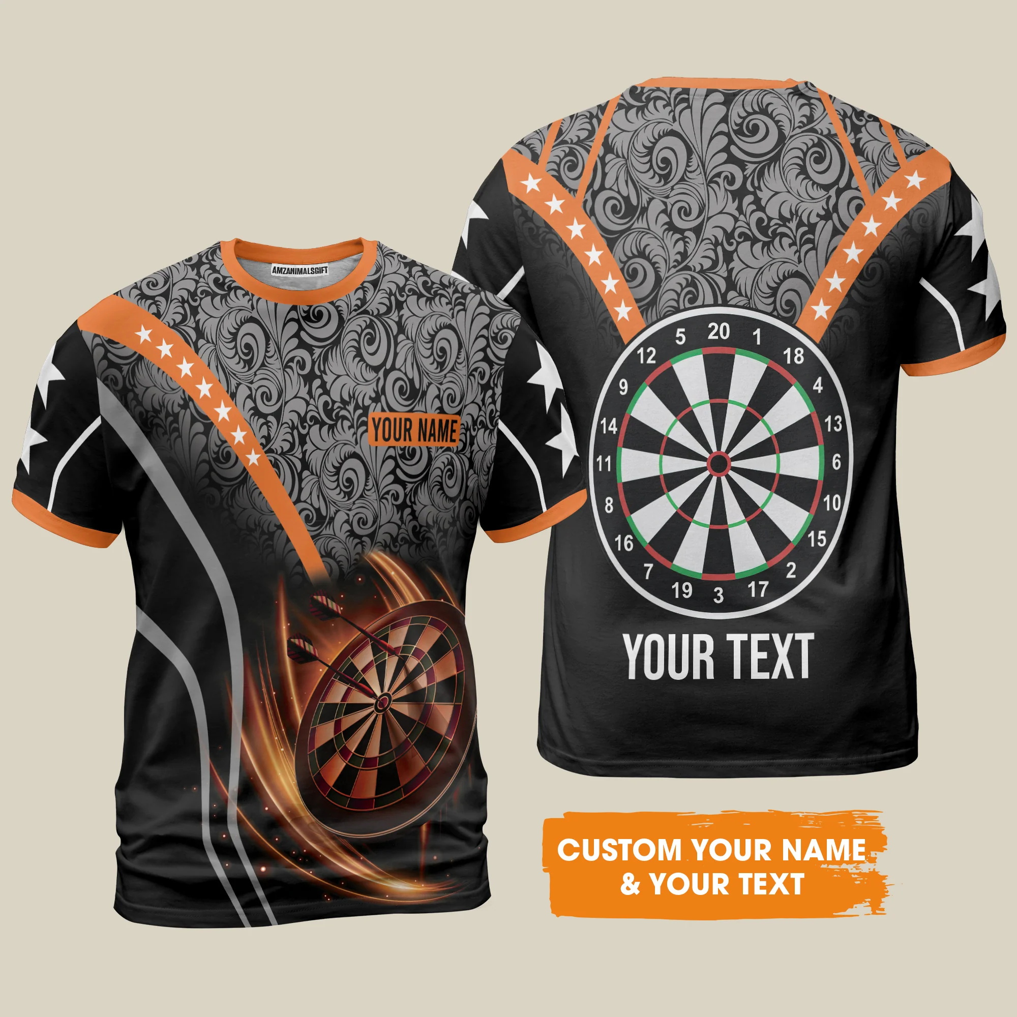 Customized Name & Text Darts T-Shirt, Personalized Name Dartboard Orange T-Shirt - Gift For Darts Players - Image 2