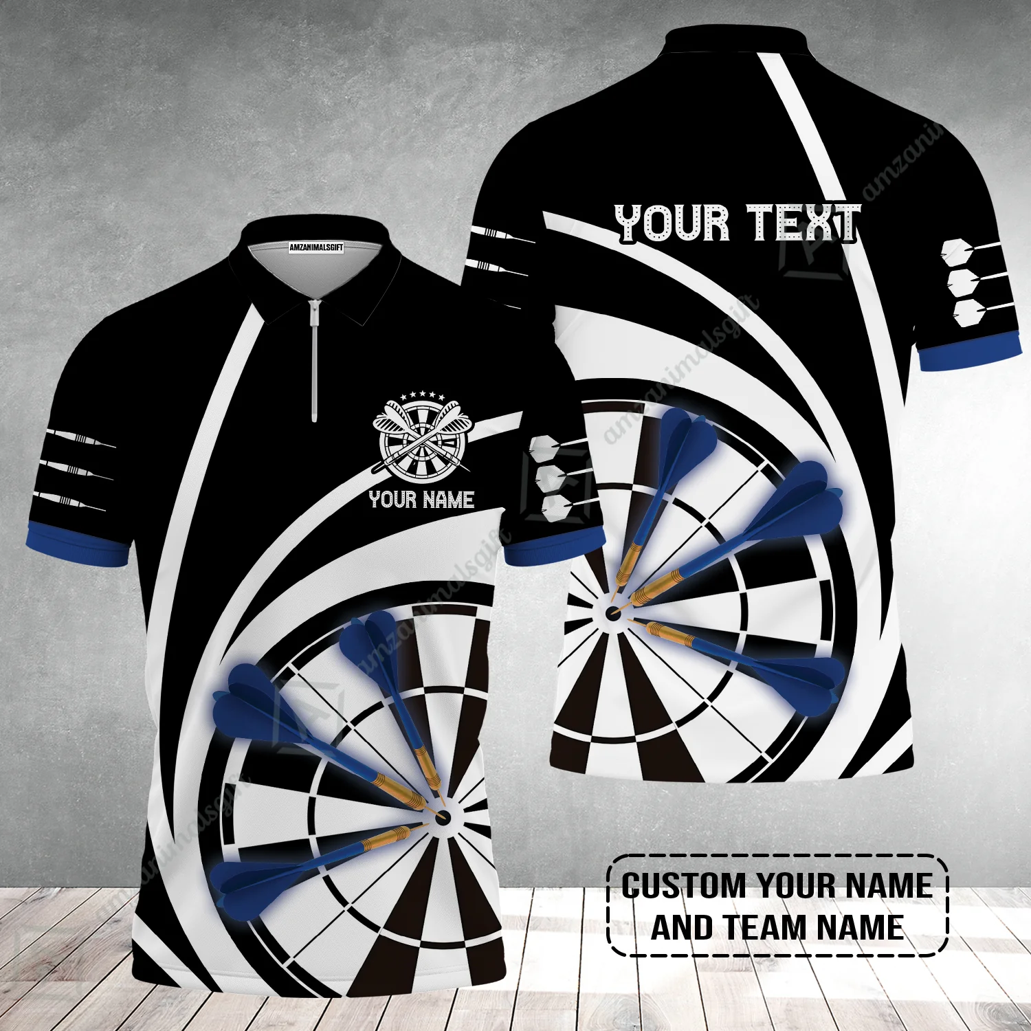 Customized Name & Text Darts Zip Polo Shirt, Personalized Name Blue Dark Darts Team Zip Polo Shirt - Image 2