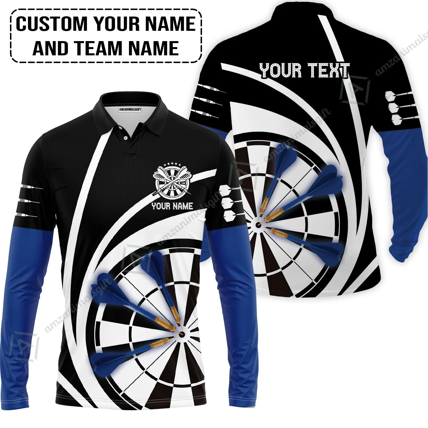 Customized Name & Text Darts Zip Polo Shirt, Personalized Name Blue Dark Darts Team Zip Polo Shirt - Image 3