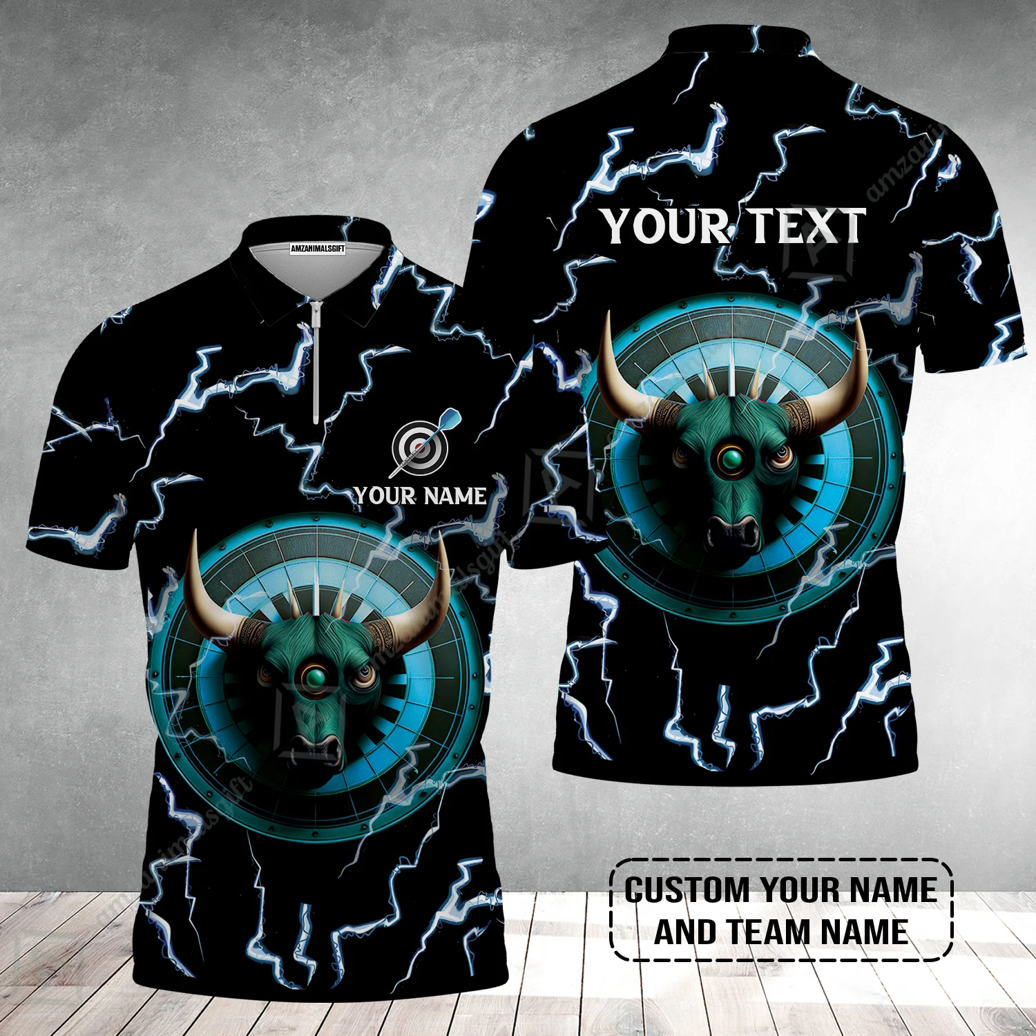 Customized Name & Text Darts Zip Polo Shirt, Personalized Name Bullseye Dartboard Zip Polo Shirt - Image 2