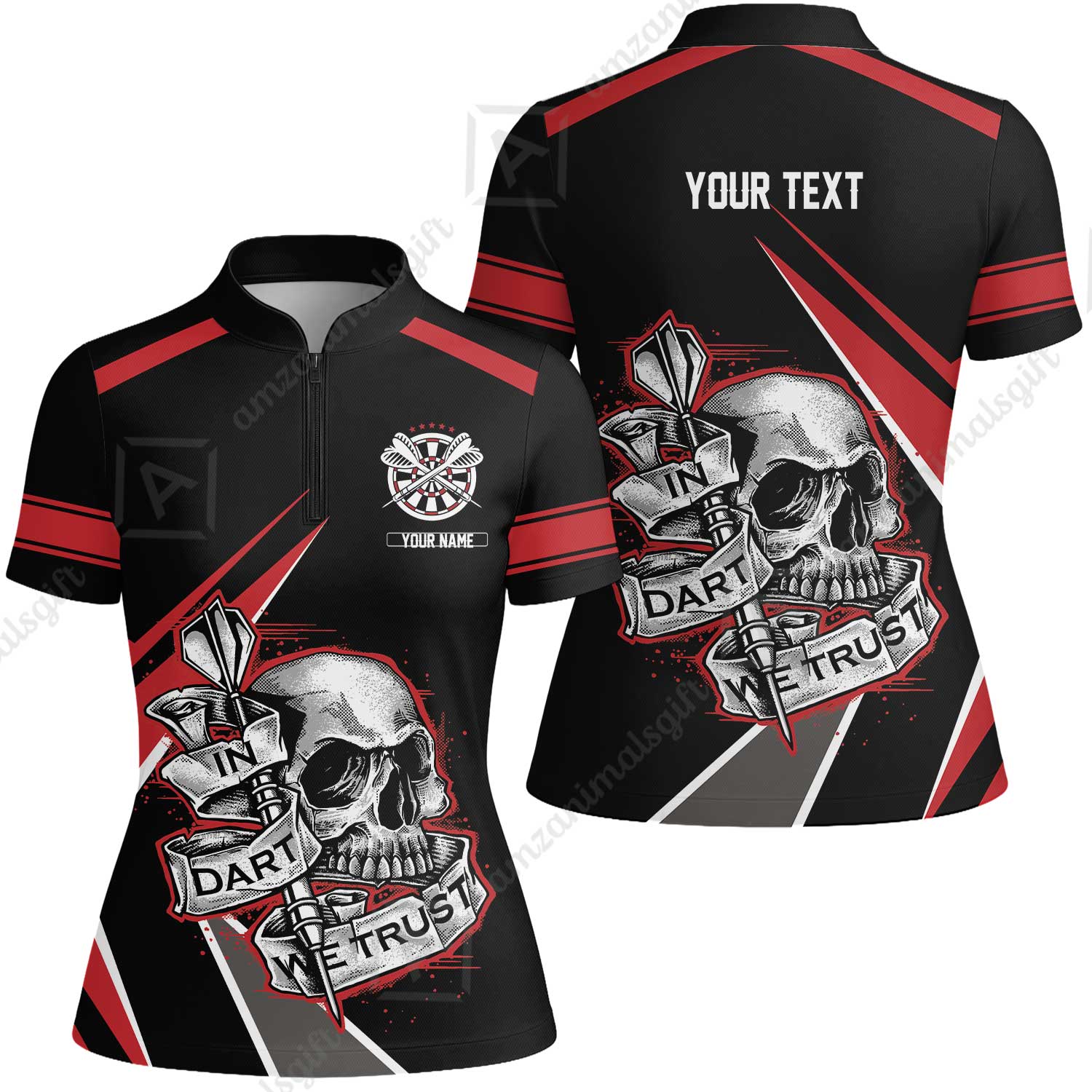 Customized Name & Text Darts Men Polo Shirt, Skull In Darts We Trust Personalized Darts Zip Polo Shirt - Image 10