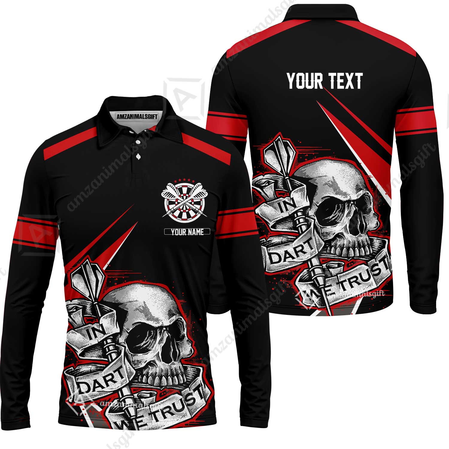 Customized Name & Text Darts Men Polo Shirt, Skull In Darts We Trust Personalized Darts Zip Polo Shirt - Image 6