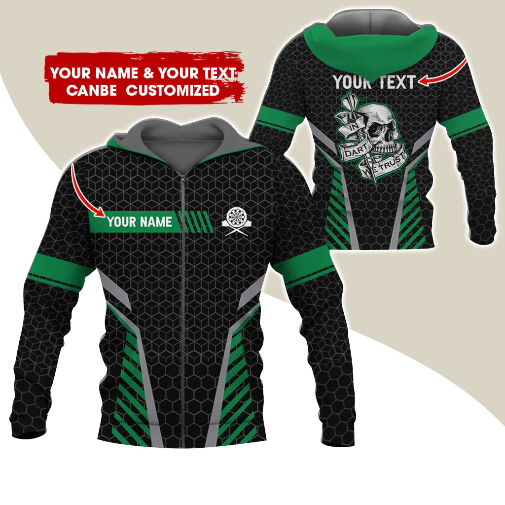 Customized Name & Text Skull Darts Premium Zip Hoodie, Custom Honeycomb Pattern Darts Zip Hoodie For Men & Women - Gift For Darts Lovers, Darts Players - Image 2