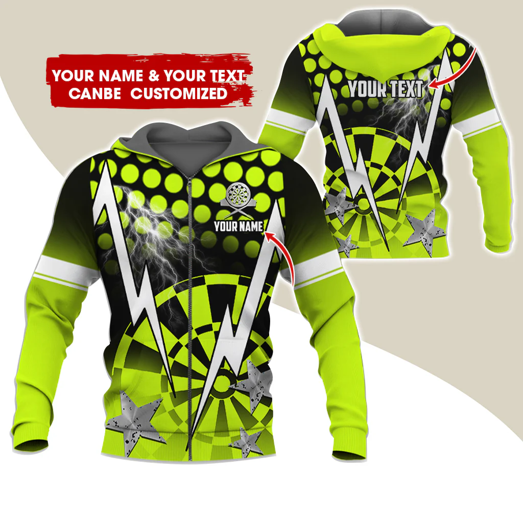 Customized Name & Text Thunder Lightning Darts Premium Zip Hoodie, Custom Star Darts Zip Hoodie For Men & Women - Gift For Darts Lovers, Darts Players - Image 2