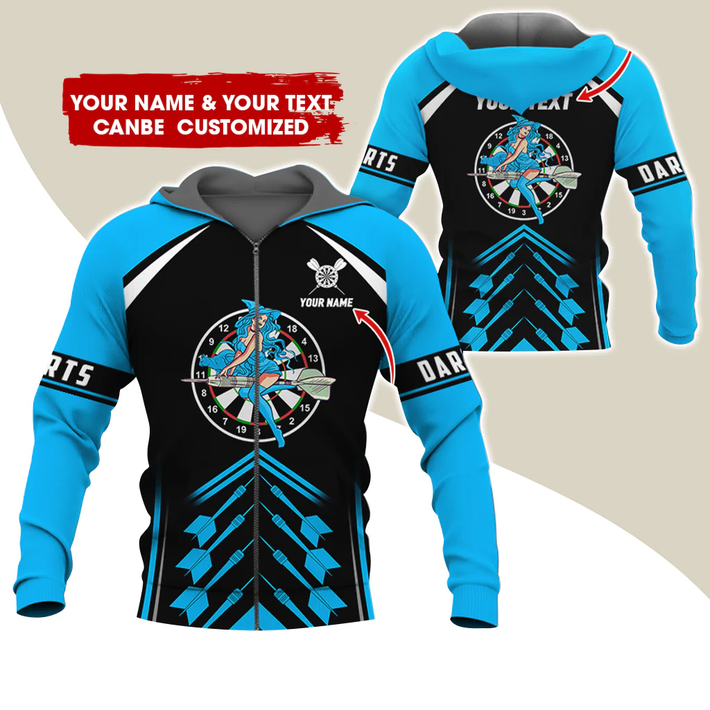 Customized Name & Text Witch Darts Premium Zip Hoodie, Personalized Name Dartboard Zip Hoodie For Men & Women - Gift For Darts Lovers, Darts Players - Image 3