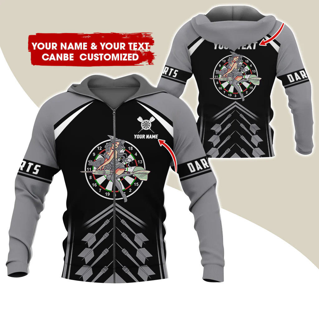 Customized Name & Text Witch Darts Premium Zip Hoodie, Personalized Name Dartboard Zip Hoodie For Men & Women - Gift For Darts Lovers, Darts Players - Image 4
